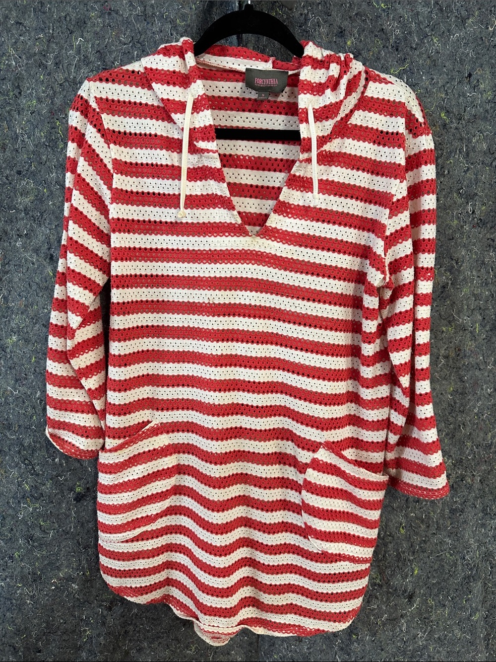 For Cynthia Red and White Striped Crochet Hoodie Cover-Up